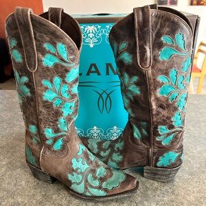 [Lane] Cowboy Boots, Turquoise and Brown Leather, Size 7 1/2, EUC